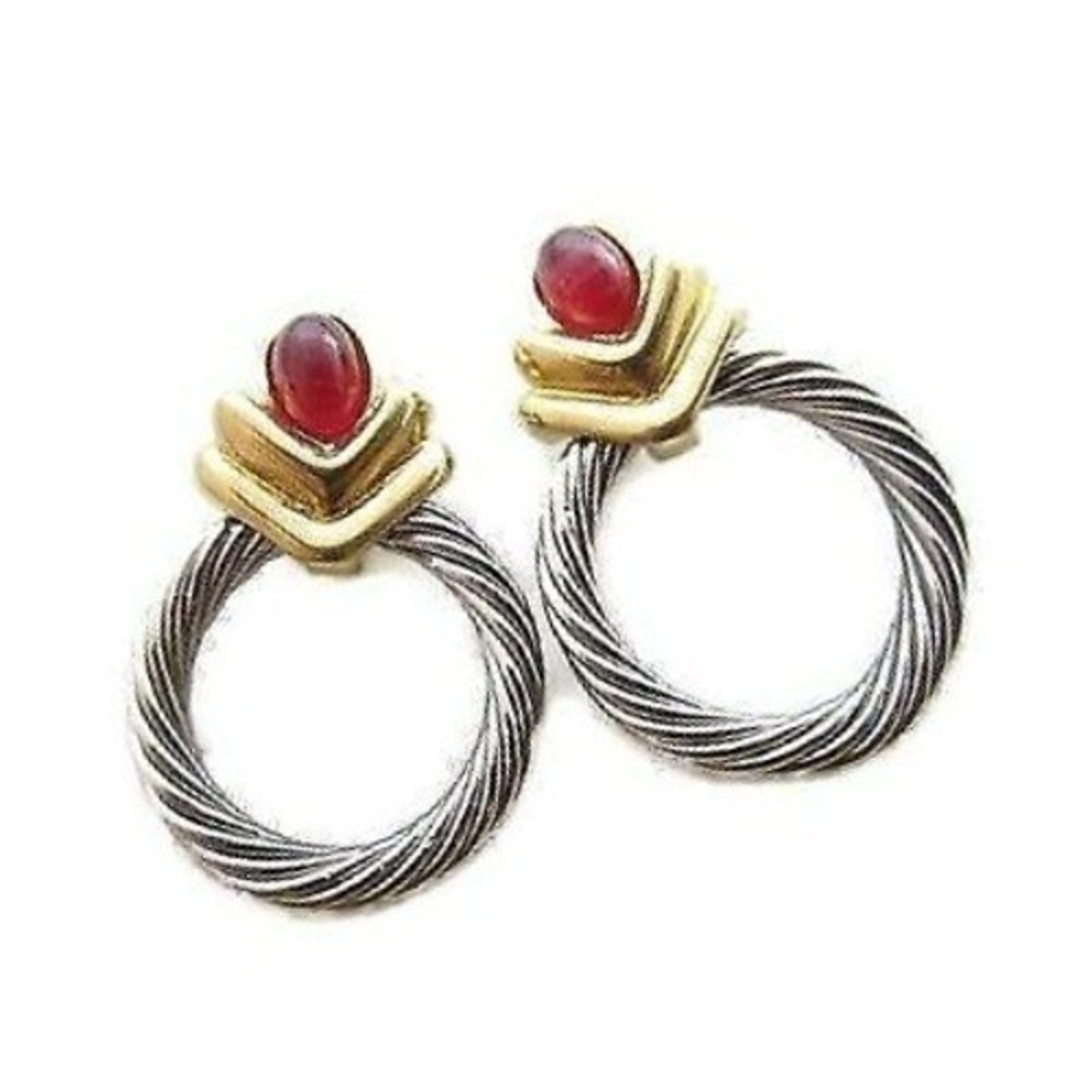 Vintage Red Cab Yellow White Gold Plated Celtic Cable Circle Pierced‎ Earrings